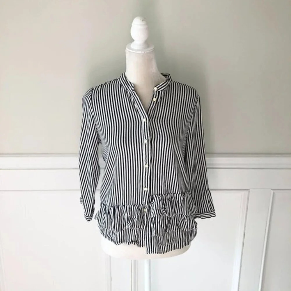 Zara Black & White Striped Ruffle Hem Blouse S